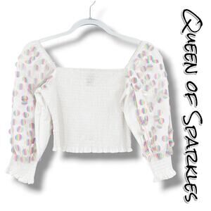 Queen of Sparkles White Smocked Top Iridescent Sequin Polka Dot Womens Size XS